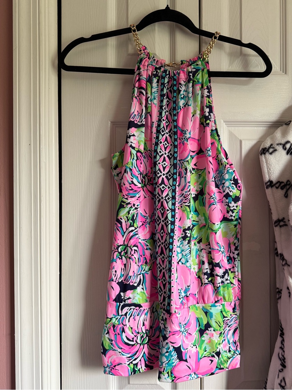 Lilly Pulitzer Pink Floral Halter Tank with Gold Chain Straps